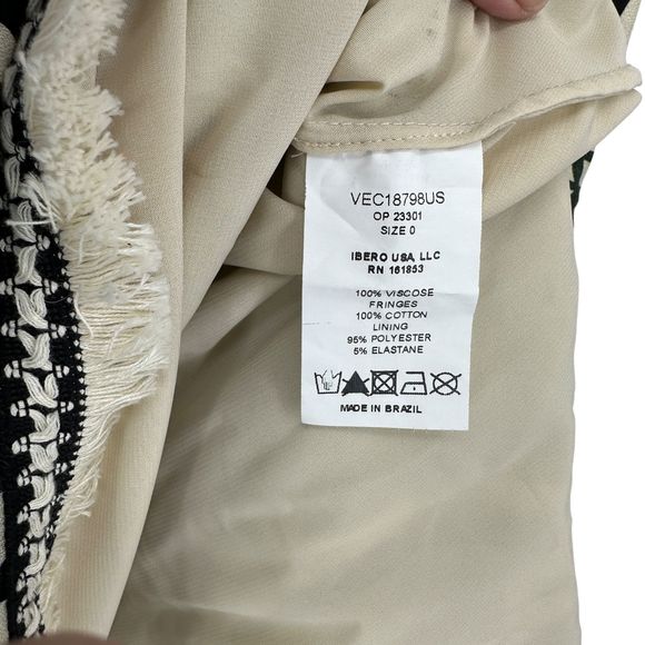 PatBO Dress Size 0 V-Neck Fit Flare Fringe Trim Emerald Green Ivory Print - Picture 12 of 16